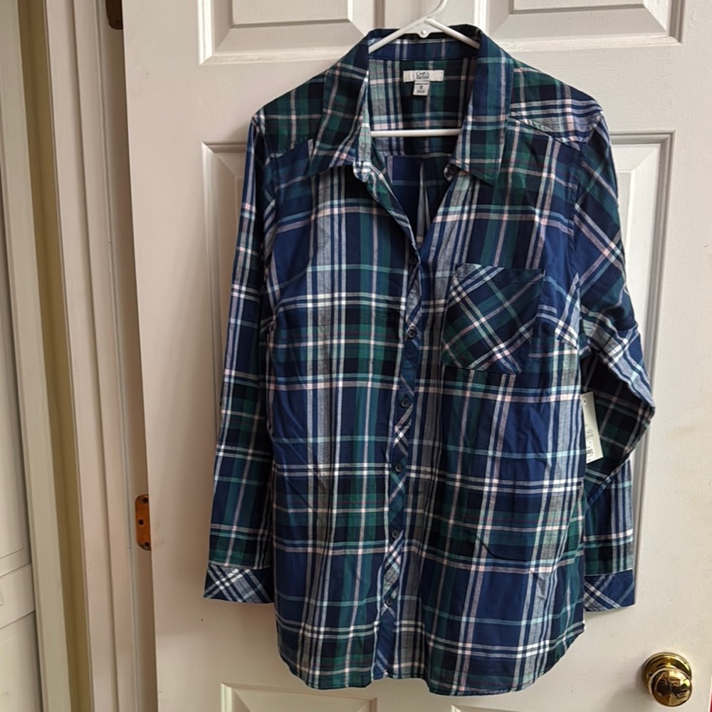 Blue and Green Plaid Button-Up Shirt